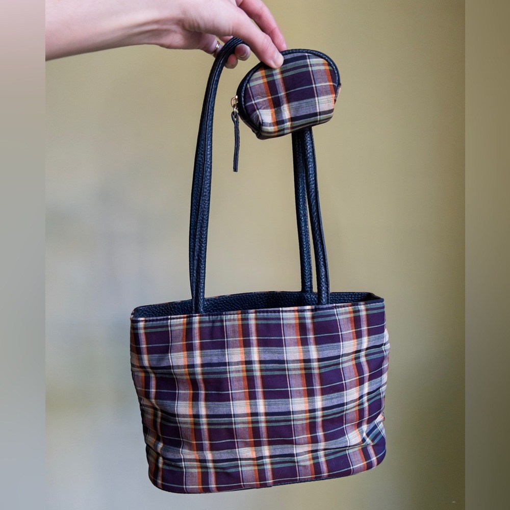 Y2K Purple Plaid Handbag, Matching Coin Purse